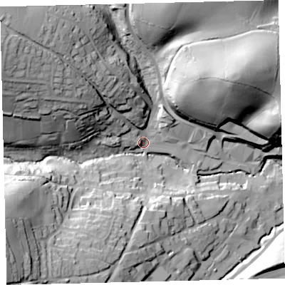 Shaded relief map of the ground around TQ110BB, computed from Environment Agency LiDAR. The ground here sits at about 43 m above sea level and falls 59 m across the surrounding 800 m. Surface water reaching this point runs off ground lying to the north-east, 56.4 m higher.