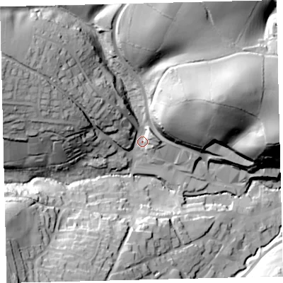 Shaded relief map of the ground around TQ110BD, computed from Environment Agency LiDAR. The ground here sits at about 46 m above sea level and falls 60 m across the surrounding 800 m. Surface water reaching this point runs off ground lying to the east-north-east, 48.9 m higher.