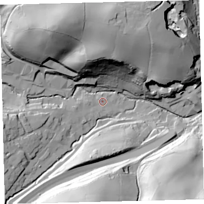 Shaded relief map of the ground around TQ110BS, computed from Environment Agency LiDAR. The ground here sits at about 37 m above sea level and falls 67 m across the surrounding 800 m. Surface water reaching this point runs off ground lying to the west-south-west, 12.5 m higher.