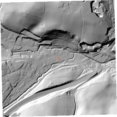 Shaded relief map of the ground around TQ110BT, computed from Environment Agency LiDAR. The ground here sits at about 36 m above sea level and falls 79 m across the surrounding 800 m. Surface water reaching this point runs off ground lying to the west, 13.2 m higher.