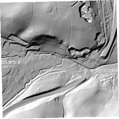 Shaded relief map of the ground around TQ110BU, computed from Environment Agency LiDAR. The ground here sits at about 35 m above sea level and falls 81 m across the surrounding 800 m. Surface water reaching this point runs off ground lying to the north-west, 61.4 m higher.