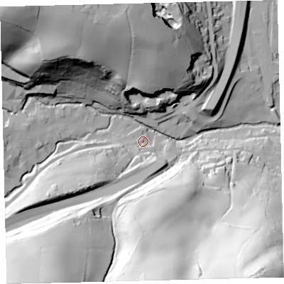 Shaded relief map of the ground around TQ110BX, computed from Environment Agency LiDAR. The ground here sits at about 36 m above sea level and falls 109 m across the surrounding 800 m. Surface water reaching this point runs off ground lying to the south, 9.5 m higher.