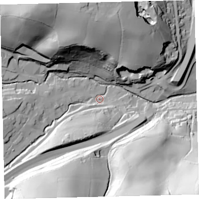 Shaded relief map of the ground around TQ110BZ, computed from Environment Agency LiDAR. The ground here sits at about 36 m above sea level and falls 96 m across the surrounding 800 m. Surface water reaching this point runs off ground lying to the south-west, 27.6 m higher.