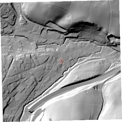 Shaded relief map of the ground around TQ110DA, computed from Environment Agency LiDAR. The ground here sits at about 42 m above sea level and falls 84 m across the surrounding 800 m. Surface water reaching this point runs off ground lying to the west, 16.4 m higher.