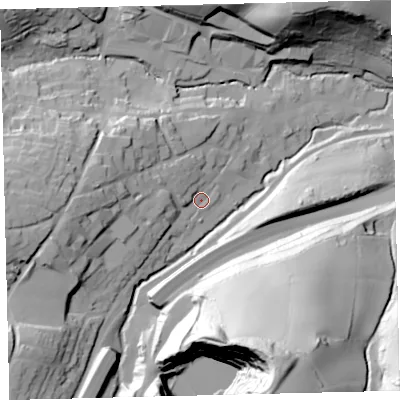 Shaded relief map of the ground around TQ110DB, computed from Environment Agency LiDAR. The ground here sits at about 43 m above sea level and falls 102 m across the surrounding 800 m. Surface water reaching this point runs off ground lying to the west, 20.7 m higher.