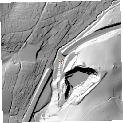 Shaded relief map of the ground around TQ110DQ, computed from Environment Agency LiDAR. The ground here sits at about 49 m above sea level and falls 134 m across the surrounding 800 m. Surface water reaching this point runs off ground lying to the south-east, 38.7 m higher.
