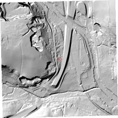 Shaded relief map of the ground around TQ110DZ, computed from Environment Agency LiDAR. The ground here sits at about 42 m above sea level and falls 87 m across the surrounding 800 m. Surface water reaching this point runs off ground lying to the west-south-west, 17.1 m higher.
