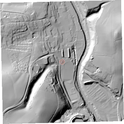Shaded relief map of the ground around TQ110ED, computed from Environment Agency LiDAR. The ground here sits at about 39 m above sea level and falls 66 m across the surrounding 800 m. Surface water reaching this point runs off ground lying to the south-west, 55.8 m higher.