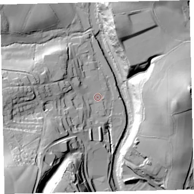 Shaded relief map of the ground around TQ110EE, computed from Environment Agency LiDAR. The ground here sits at about 36 m above sea level and falls 60 m across the surrounding 800 m. Surface water reaching this point runs off ground lying to the south-west, 52.7 m higher.