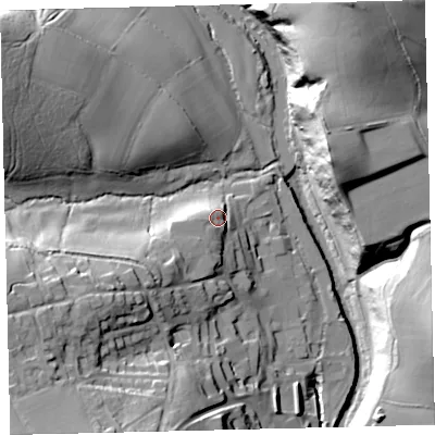 Shaded relief map of the ground around TQ110EG, computed from Environment Agency LiDAR. The ground here sits at about 45 m above sea level and falls 53 m across the surrounding 800 m. Surface water reaching this point runs off ground lying to the south-west, 15.9 m higher.