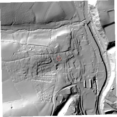 Shaded relief map of the ground around TQ110EJ, computed from Environment Agency LiDAR. The ground here sits at about 48 m above sea level and falls 68 m across the surrounding 800 m. Surface water reaching this point runs off ground lying to the west-north-west, 4.8 m higher.
