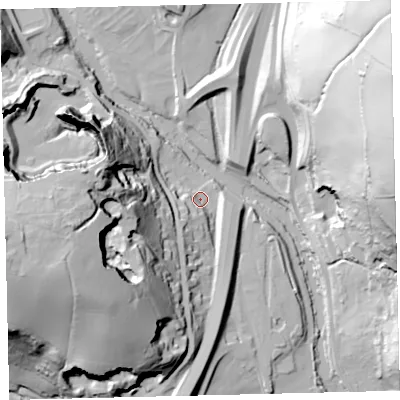 Shaded relief map of the ground around TQ110ET, computed from Environment Agency LiDAR. The ground here sits at about 32 m above sea level and falls 92 m across the surrounding 800 m. Surface water reaching this point runs off ground lying to the west-south-west, 55.9 m higher.