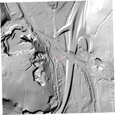Shaded relief map of the ground around TQ110EX, computed from Environment Agency LiDAR. The ground here sits at about 32 m above sea level and falls 83 m across the surrounding 800 m. Surface water reaching this point runs off ground lying to the south-south-west, 11.5 m higher.