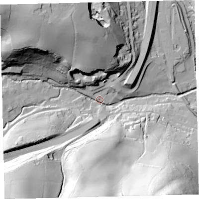 Shaded relief map of the ground around TQ110EY, computed from Environment Agency LiDAR. The ground here sits at about 33 m above sea level and falls 103 m across the surrounding 800 m. Surface water reaching this point runs off ground lying to the south-west, 69.6 m higher.