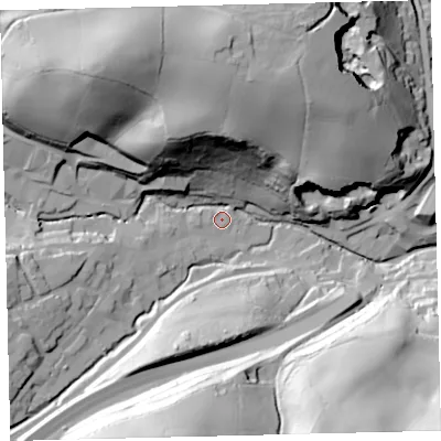 Shaded relief map of the ground around TQ110FE, computed from Environment Agency LiDAR. The ground here sits at about 36 m above sea level and falls 66 m across the surrounding 800 m. Surface water reaching this point runs off ground lying to the north-north-west, 60.3 m higher.