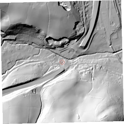 Shaded relief map of the ground around TQ110FG, computed from Environment Agency LiDAR. The ground here sits at about 35 m above sea level and falls 112 m across the surrounding 800 m. Surface water reaching this point runs off ground lying to the south-west, 74.9 m higher.