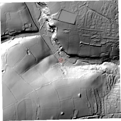 Shaded relief map of the ground around TQ110HE, computed from Environment Agency LiDAR. The ground here sits at about 50 m above sea level and falls 99 m across the surrounding 800 m. Surface water reaching this point runs off ground lying to the south-west, 91.2 m higher.