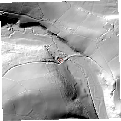 Shaded relief map of the ground around TQ110HL, computed from Environment Agency LiDAR. The ground here sits at about 72 m above sea level and falls 84 m across the surrounding 800 m. Surface water reaching this point runs off ground lying to the south-west, 73.4 m higher.