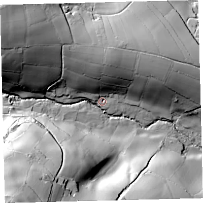 Shaded relief map of the ground around TQ110HT, computed from Environment Agency LiDAR. The ground here sits at about 109 m above sea level and falls 107 m across the surrounding 800 m. Surface water reaching this point runs off ground lying to the south-west, 98.1 m higher.