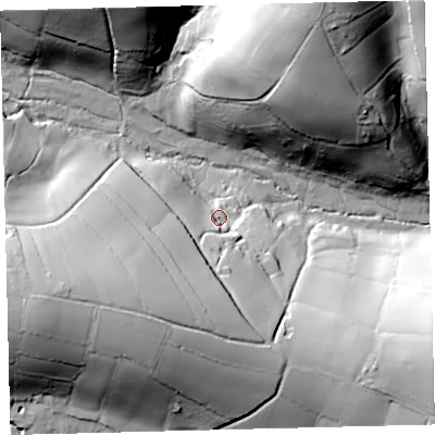 Shaded relief map of the ground around TQ110HX, computed from Environment Agency LiDAR. The ground here sits at about 105 m above sea level and falls 62 m across the surrounding 800 m. Surface water reaching this point runs off ground lying to the south-west, 32.5 m higher.