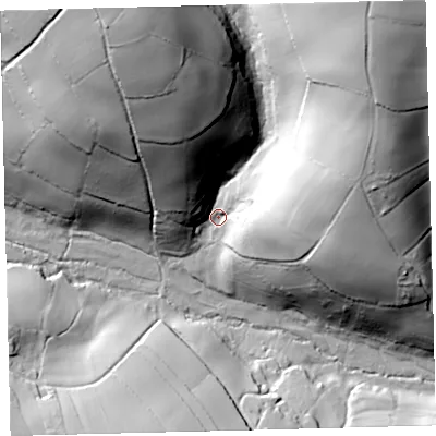 Shaded relief map of the ground around TQ110HY, computed from Environment Agency LiDAR. The ground here sits at about 110 m above sea level and falls 88 m across the surrounding 800 m. Surface water reaching this point runs off ground lying to the north-north-west, 68.9 m higher.