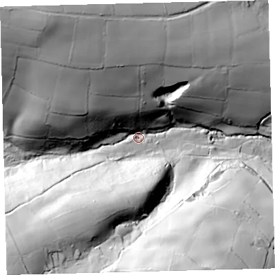 Shaded relief map of the ground around TQ110JD, computed from Environment Agency LiDAR. The ground here sits at about 125 m above sea level and falls 108 m across the surrounding 800 m. Surface water reaching this point runs off ground lying to the south-west, 92.8 m higher.