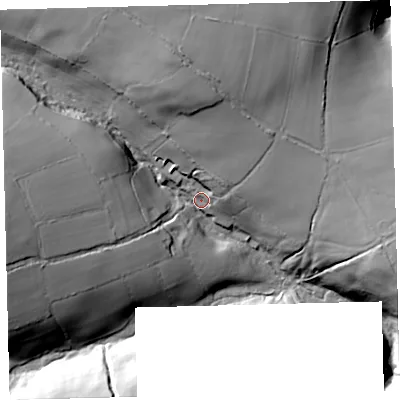 Shaded relief map of the ground around TQ110JJ, computed from Environment Agency LiDAR. The ground here sits at about 260 m above sea level and falls 74 m across the surrounding 800 m. Surface water reaching this point runs off ground lying to the west, 44.3 m higher.