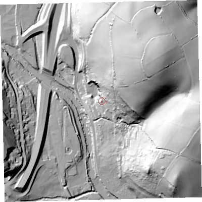 Shaded relief map of the ground around TQ110JR, computed from Environment Agency LiDAR. The ground here sits at about 48 m above sea level and falls 114 m across the surrounding 800 m. Surface water reaching this point runs off ground lying to the north-east, 96.8 m higher.