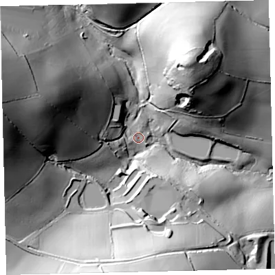 Shaded relief map of the ground around TQ110LD, computed from Environment Agency LiDAR. The ground here sits at about 34 m above sea level and falls 76 m across the surrounding 800 m. Surface water reaching this point runs off ground lying to the west-south-west, 8.7 m higher.