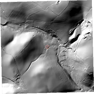 Shaded relief map of the ground around TQ110LE, computed from Environment Agency LiDAR. The ground here sits at about 62 m above sea level and falls 103 m across the surrounding 800 m. Surface water reaching this point runs off ground lying to the west-south-west, 53.8 m higher.