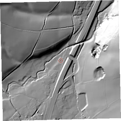 Shaded relief map of the ground around TQ110LJ, computed from Environment Agency LiDAR. The ground here sits at about 62 m above sea level and falls 76 m across the surrounding 800 m. Surface water reaching this point runs off ground lying to the south-west, 17.1 m higher.