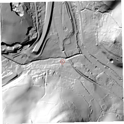 Shaded relief map of the ground around TQ110LL, computed from Environment Agency LiDAR. The ground here sits at about 32 m above sea level and falls 108 m across the surrounding 800 m. Surface water reaching this point runs off ground lying to the south, 104.9 m higher.