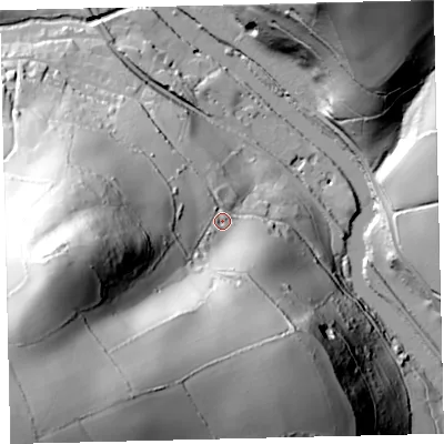 Shaded relief map of the ground around TQ110LN, computed from Environment Agency LiDAR. The ground here sits at about 49 m above sea level and falls 130 m across the surrounding 800 m. Surface water reaching this point runs off ground lying to the south-west, 104.9 m higher.