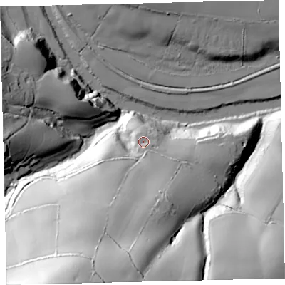 Shaded relief map of the ground around TQ110LP, computed from Environment Agency LiDAR. The ground here sits at about 39 m above sea level and falls 104 m across the surrounding 800 m. Surface water reaching this point runs off ground lying to the south, 27.1 m higher.
