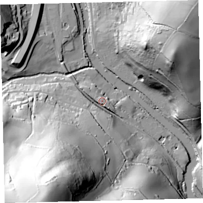 Shaded relief map of the ground around TQ110LQ, computed from Environment Agency LiDAR. The ground here sits at about 34 m above sea level and falls 119 m across the surrounding 800 m. Surface water reaching this point runs off ground lying to the south-south-west, 110.3 m higher.