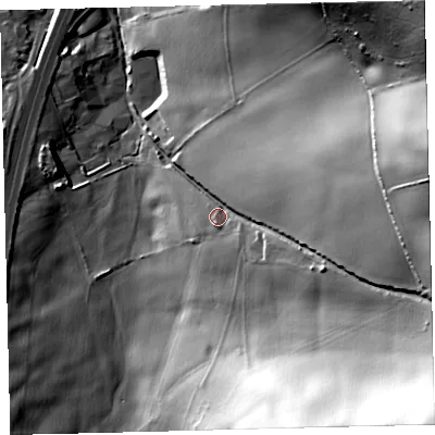 Shaded relief map of the ground around TQ110LT, computed from Environment Agency LiDAR. The ground here sits at about 82 m above sea level and falls 101 m across the surrounding 800 m. Surface water reaching this point runs off ground lying to the east, 54.1 m higher.