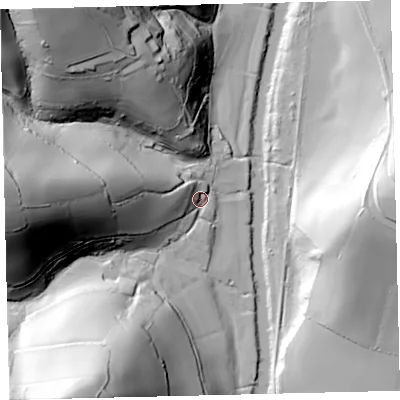 Shaded relief map of the ground around TQ110LW, computed from Environment Agency LiDAR. The ground here sits at about 25 m above sea level and falls 91 m across the surrounding 800 m. Surface water reaching this point runs off ground lying to the west, 14.8 m higher.