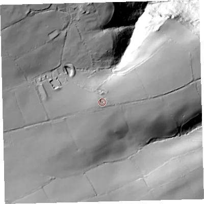 Shaded relief map of the ground around TQ110NB, computed from Environment Agency LiDAR. The ground here sits at about 220 m above sea level and falls 151 m across the surrounding 800 m. Surface water reaching this point runs off ground lying to the west, 3.9 m higher.