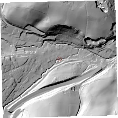 Shaded relief map of the ground around TQ110NN, computed from Environment Agency LiDAR. The ground here sits at about 36 m above sea level and falls 84 m across the surrounding 800 m. Surface water reaching this point runs off ground lying to the south-west, 27.5 m higher.