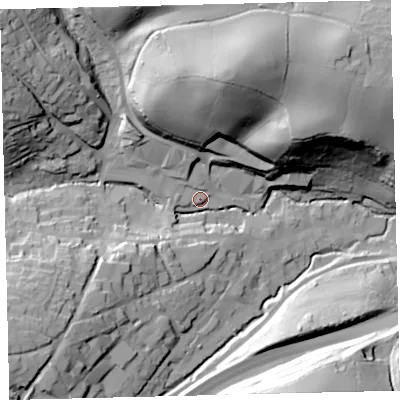 Shaded relief map of the ground around TQ110NR, computed from Environment Agency LiDAR. The ground here sits at about 42 m above sea level and falls 61 m across the surrounding 800 m. Surface water reaching this point runs off ground lying to the south-south-west, 13.9 m higher.
