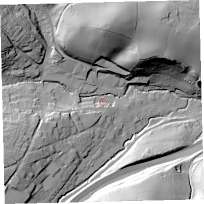 Shaded relief map of the ground around TQ110PA, computed from Environment Agency LiDAR. The ground here sits at about 39 m above sea level and falls 62 m across the surrounding 800 m. Surface water reaching this point runs off ground lying to the west-south-west, 13.9 m higher.