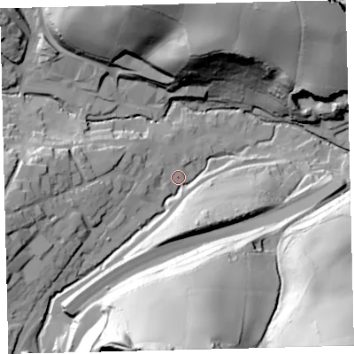 Shaded relief map of the ground around TQ110PF, computed from Environment Agency LiDAR. The ground here sits at about 39 m above sea level and falls 92 m across the surrounding 800 m. Surface water reaching this point runs off ground lying to the south-south-west, 47.0 m higher.