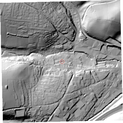 Shaded relief map of the ground around TQ110QA, computed from Environment Agency LiDAR. The ground here sits at about 45 m above sea level and falls 64 m across the surrounding 800 m. Surface water reaching this point runs off ground lying to the south-south-west, 32.3 m higher.