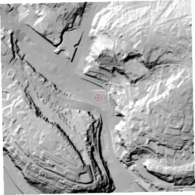 Shaded relief map of the ground around TQ11ES, computed from Environment Agency LiDAR. The ground here sits at about 10 m above sea level and falls 102 m across the surrounding 800 m. Surface water reaching this point runs off ground lying to the east-north-east, 86.2 m higher.