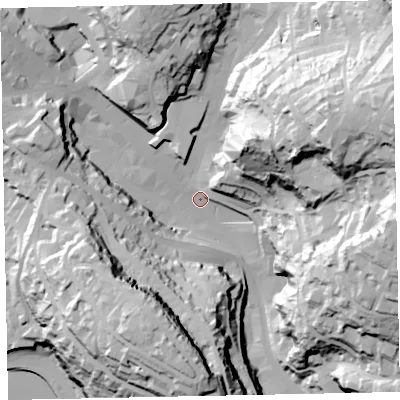 Shaded relief map of the ground around TQ11ET, computed from Environment Agency LiDAR. The ground here sits at about 11 m above sea level and falls 90 m across the surrounding 800 m. Surface water reaching this point runs off ground lying to the east-north-east, 79.1 m higher.
