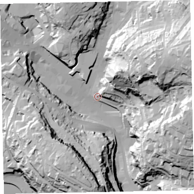 Shaded relief map of the ground around TQ11EU, computed from Environment Agency LiDAR. The ground here sits at about 14 m above sea level and falls 90 m across the surrounding 800 m. Surface water reaching this point runs off ground lying to the north-east, 15.9 m higher.