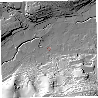 Shaded relief map of the ground around TQ121AF, computed from Environment Agency LiDAR. The ground here sits at about 6 m above sea level and falls 83 m across the surrounding 800 m. Surface water reaching this point runs off ground lying to the south-east, 79.4 m higher.