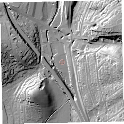 Shaded relief map of the ground around TQ121BN, computed from Environment Agency LiDAR. The ground here sits at about 5 m above sea level and falls 47 m across the surrounding 800 m. Surface water reaching this point runs off ground lying to the east-south-east, 6.3 m higher.