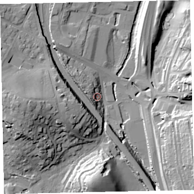 Shaded relief map of the ground around TQ121BU, computed from Environment Agency LiDAR. The ground here sits at about 7 m above sea level and falls 30 m across the surrounding 800 m. Surface water reaching this point runs off ground lying to the west, 27.7 m higher.