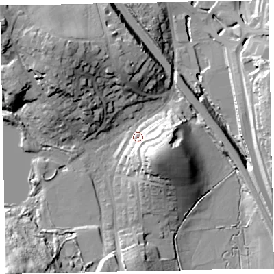 Shaded relief map of the ground around TQ121BX, computed from Environment Agency LiDAR. The ground here sits at about 9 m above sea level and falls 43 m across the surrounding 800 m. Surface water reaching this point runs off ground lying to the south-east, 22.4 m higher.